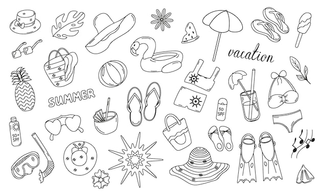 Conjunto vectorial de imágenes para vacaciones de verano en la playa en estilo doodle Iconos vectoriales para vacaciones