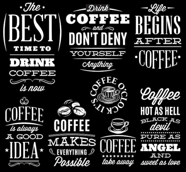 Conjunto vectorial de inscripciones decorativas sobre fondo negro sobre un tema de café