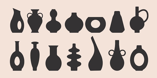 Conjunto vectorial de jarrones de cerámica de diferentes formas silueta de jarrón de ánfora de vaso de cerámica negra antigua