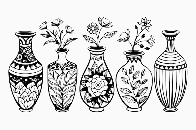 Conjunto vectorial de jarrones con ornamento floral Ilustración en blanco y negro