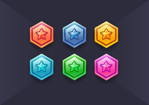 Vector conjunto vectorial de juegos icono de estrella insignias de escudo militar rango de juego insignia vectorial iconos de juego revard