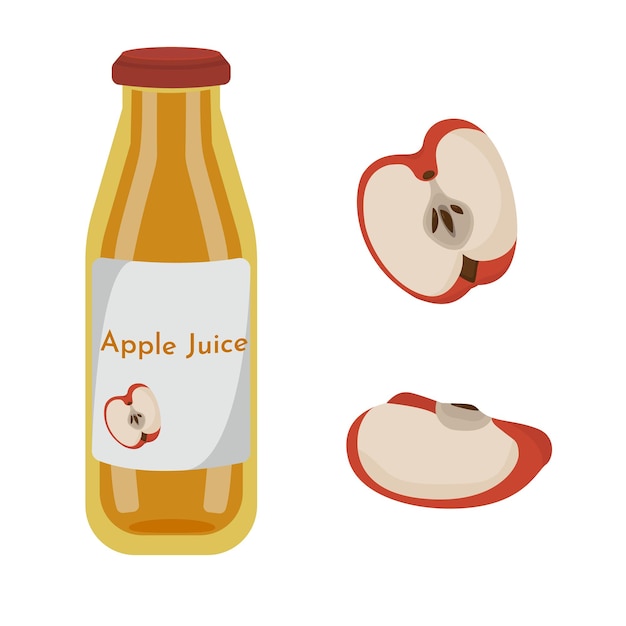 Conjunto vectorial de jugo de manzana en una botella con rebanadas de manzana Logotipo de bebida de frutas aislado