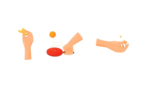 Conjunto vectorial de juguetes con pelota de paleta y girador de fidget para jugar con la mano humana