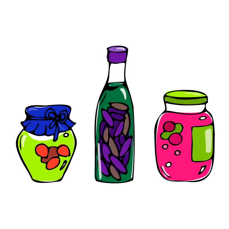 Vector conjunto vectorial de latas y botellas con preparaciones para el invierno en estilo de dibujos animados sobre un fondo blanco