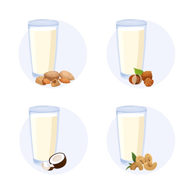 Conjunto vectorial de leche vegana Leche de anacardo de coco y almendras