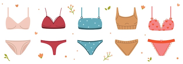 Vector conjunto vectorial de lencería para mujeres ropa interior bragas bikini sujetadores y tops