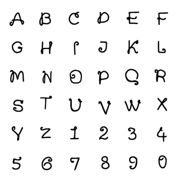 Conjunto vectorial de letras y números con remolinos en estilo garabato sobre un fondo blanco