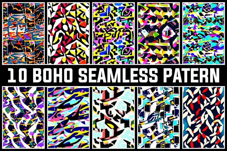 Conjunto vectorial libre de patrones sin costuras étnicos coloridos de Boho con formas abstractas