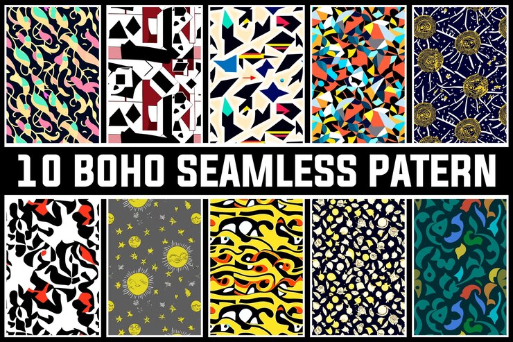 Conjunto vectorial libre de patrones sin costuras étnicos coloridos de Boho con formas abstractas