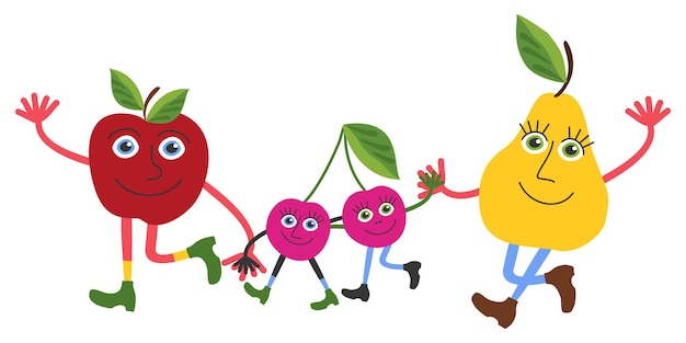 Conjunto vectorial de lindas frutas y bayas aisladas sobre fondo blanco. Manzana, cerezas y pera.