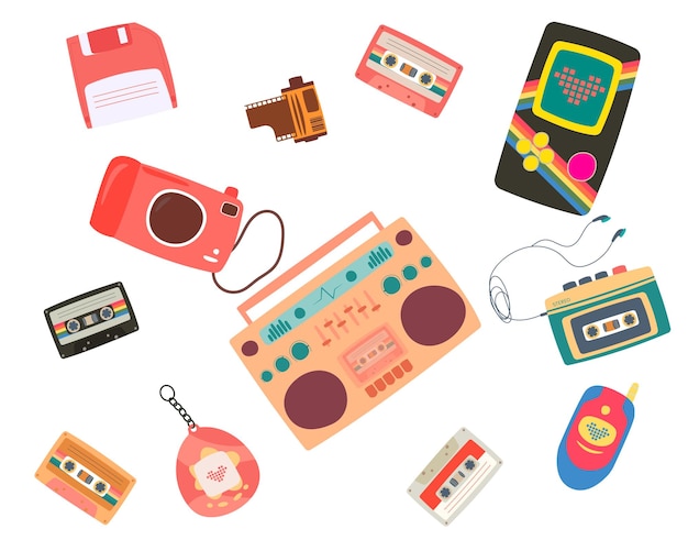 Conjunto vectorial de lindas pegatinas de nostalgia de los años 80 y 90 Cassette de juego electrónico de computadora vintage