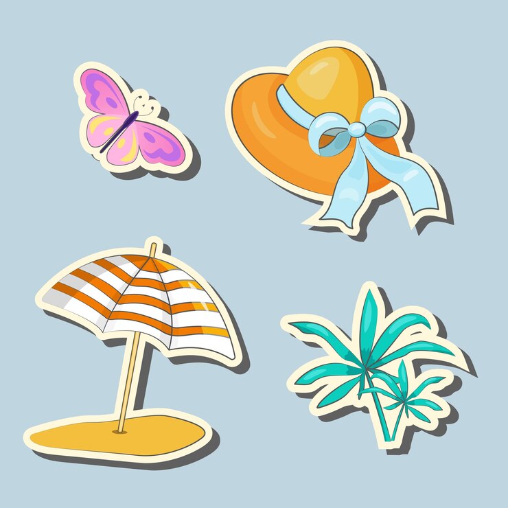 Vector conjunto vectorial de lindas pegatinas de verano sombrero paraguas palmera mariposa