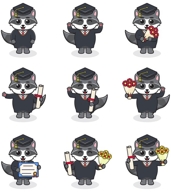 Conjunto vectorial de lindo mapache temático de graduación