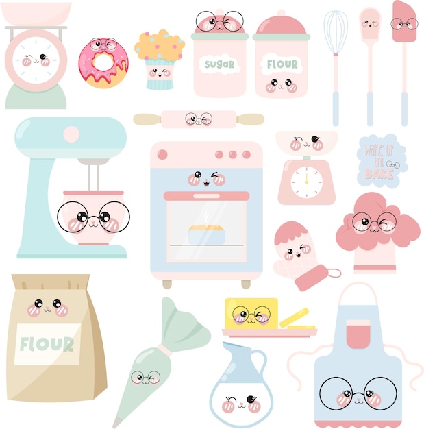 Conjunto vectorial de lindos cliparts de horneado y panadería con elementos faciales de emoticones kawaii