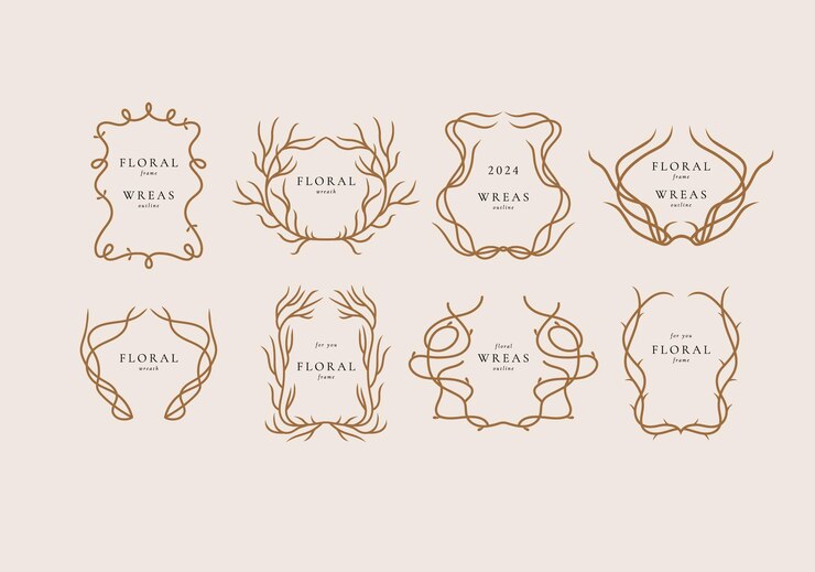 Conjunto vectorial de líneas corona floral marco decorativo con flores minimalistas ramas y texto plantilla elementos botánicos perfectos para invitaciones de bodas y tarjetas de fiestas de cumpleaños