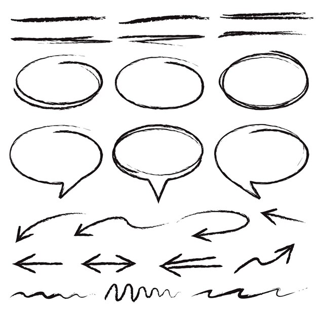 Conjunto vectorial de líneas dibujadas a mano líneas de pincel subrayadas flechas burbujas de habla marcos redondos