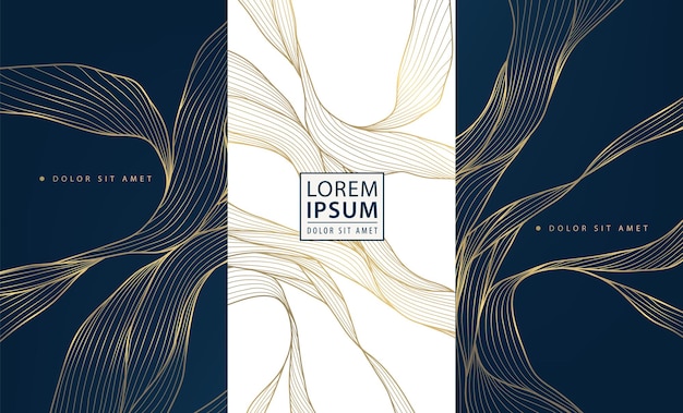 Conjunto vectorial de líneas ondas patrones de lujo etiquetas de fantasía diseño de paquetes de vino Oro en blanco y azul