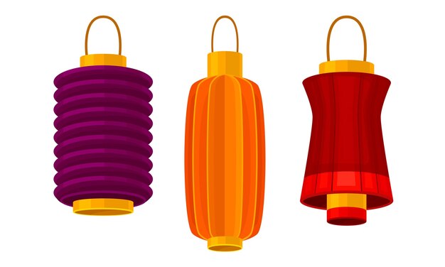 Conjunto vectorial de linternas de papel en forma de papel colgantes rojas chinas