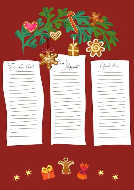 Conjunto vectorial de listas de tareas para las vacaciones de Año Nuevo y Navidad Lista de comprobación imprimible