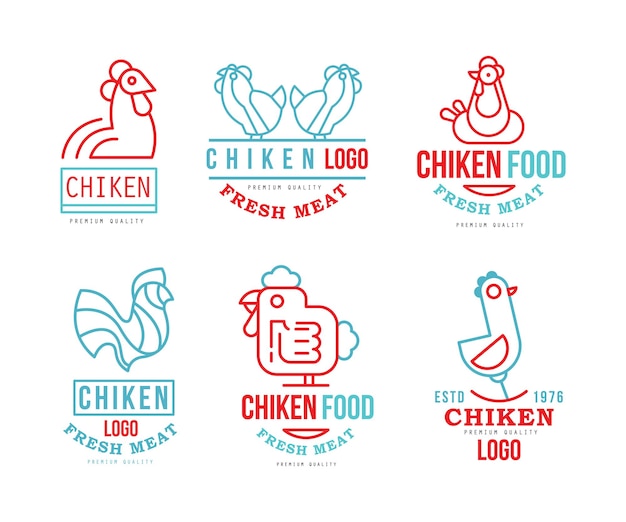 Conjunto vectorial de logotipos de carne de pollo fresca y productos avícolas de calidad superior