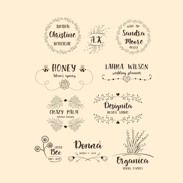 Vector conjunto vectorial de logotipos florales dibujados a mano