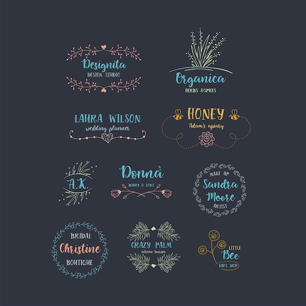 Conjunto vectorial de logotipos florales dibujados a mano