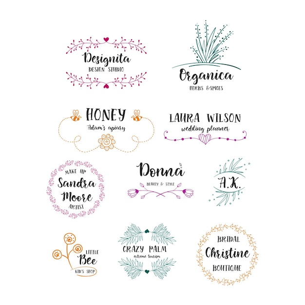 Vector conjunto vectorial de logotipos florales dibujados a mano