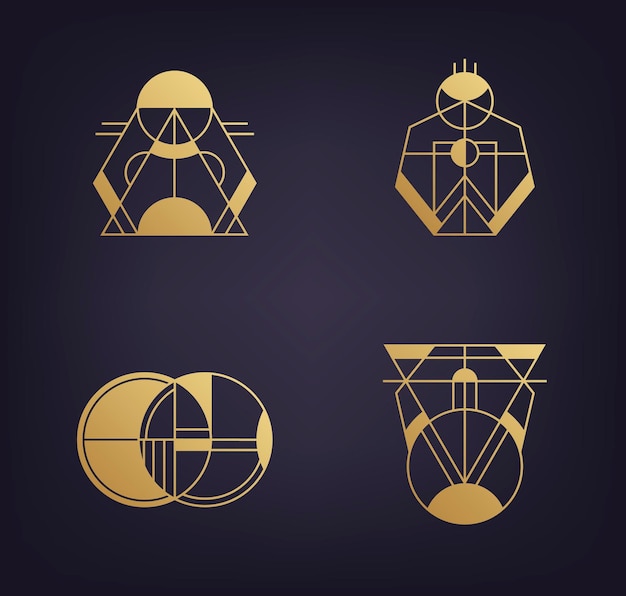 Conjunto vectorial de logotipos geométricos abstractos Art deco hipster estilo de línea dorada Círculo triángulo polígono formas lineales Iconos esotéricos mágicos aztecas geometría sagrada