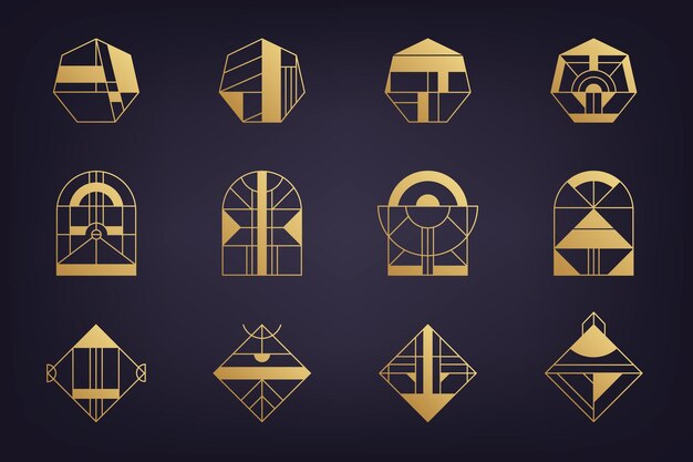 Vector conjunto vectorial de logotipos geométricos abstractos art deco hipster estilo de línea dorada círculo triángulo polígono