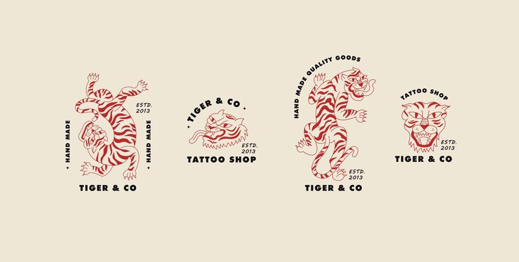 Conjunto vectorial de logotipos lineales con ilustraciones de tigre caminante y cabeza de tigre Sello y símbolo de plantilla