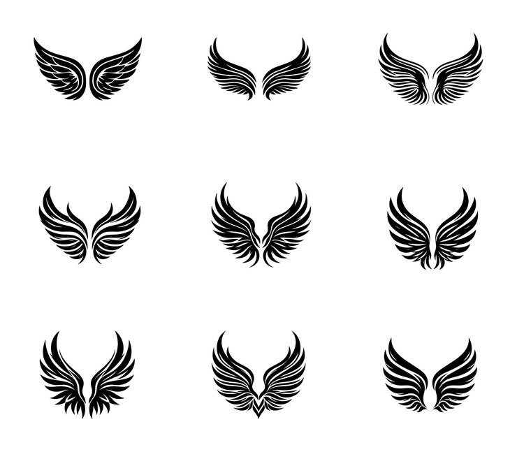 Conjunto vectorial de logotipos de silueta de alas Conjunto de iconos vectoriales de alas Insignias de alas Colección de insignias de aletas