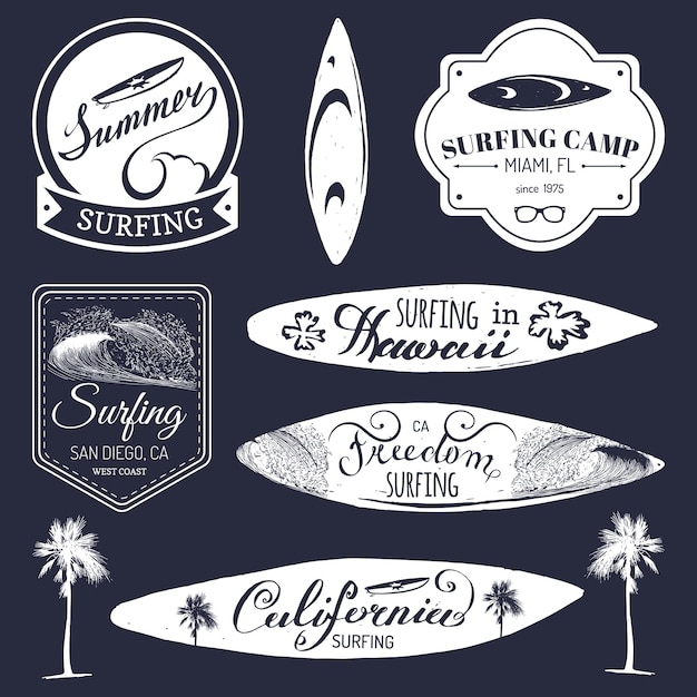 Conjunto vectorial de logotipos vintage de surf para impresión de camisetas textiles, etc. afiche tipográfico freedom california hawaii