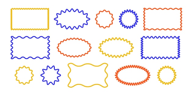 Conjunto vectorial de marco de onda nublada estilo dibujado ondulado para decoración funky zigzag retro