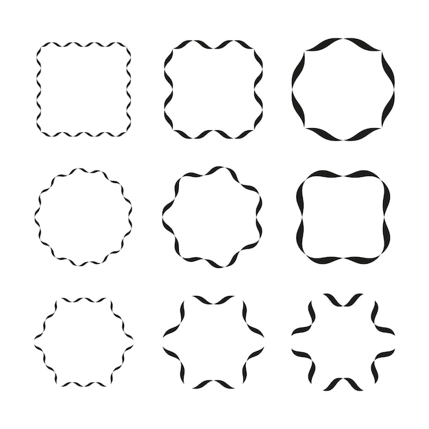 Conjunto vectorial de marcos de ondas Formas de bordes ondulados Marcos abstractos negros Diseños circulares y cuadrados
