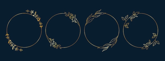 Conjunto vectorial de marcos redondos dorados botánicos. Guirnaldas florales de estilo vintage para tarjetas de invitación