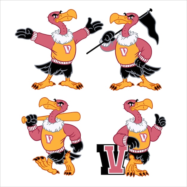 Conjunto vectorial de mascota deportiva buitre en estilo retro vintage dibujado a mano