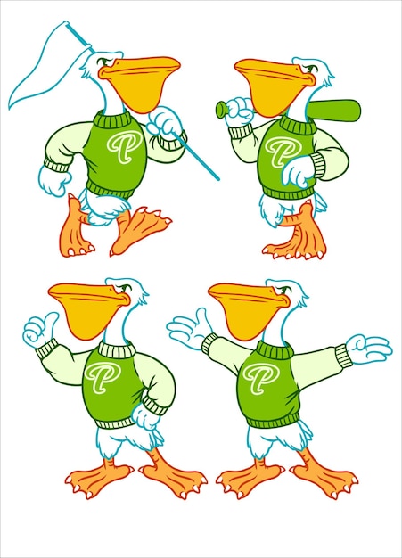 Conjunto vectorial de mascota deportiva Pelican en estilo retro vintage dibujado a mano