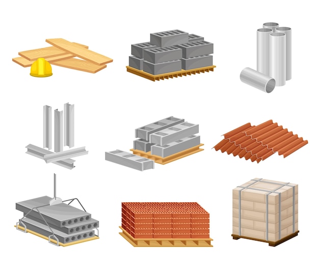 Conjunto vectorial de materiales de construcción y construcción como arena y ladrillos