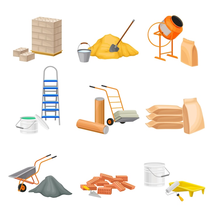 Vector conjunto vectorial de materiales de construcción y construcción como arena y ladrillos