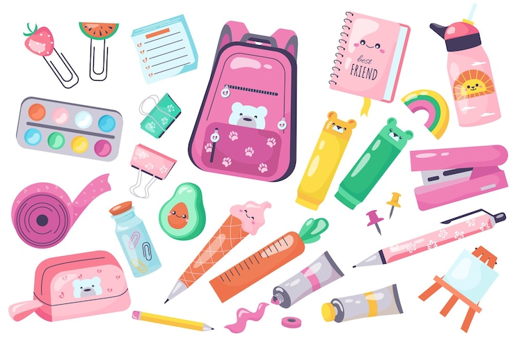 Vector conjunto vectorial de materiales escolares para el estudio de la escuela de educación para niñas al estilo kawaii de vuelta a la escuela