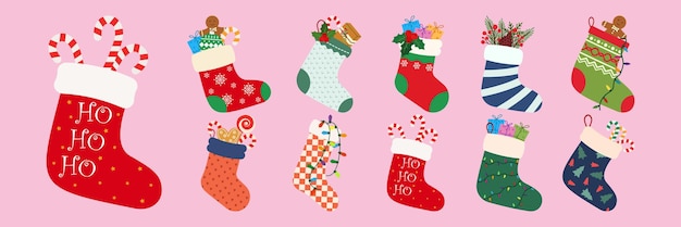 Conjunto vectorial de medias navideñas Varias colecciones tradicionales de medias o calcetines navideños coloridos y adornados Diseño de año nuevo de dibujos animados