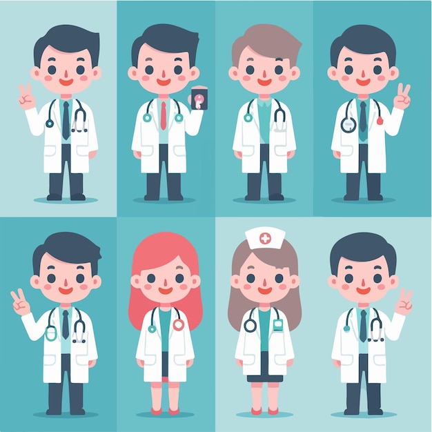 Conjunto vectorial de médicos de cuerpo completo con estilo de diseño plano