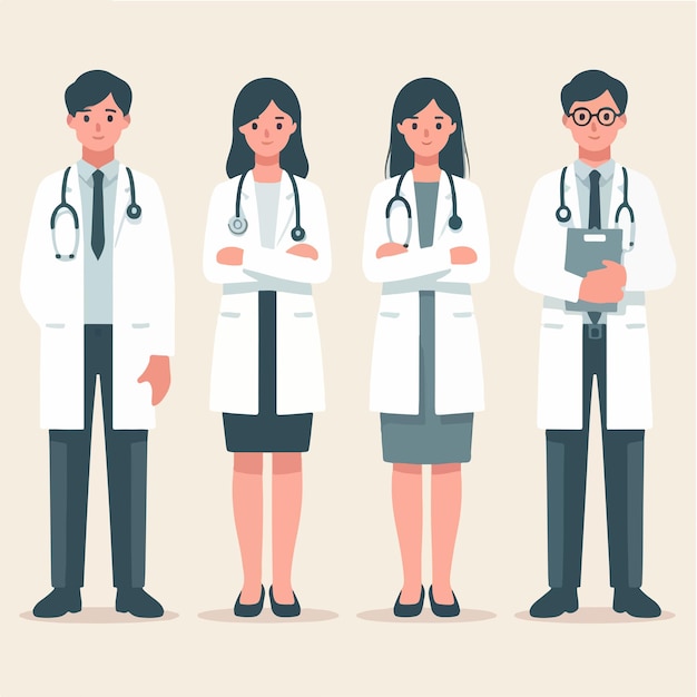 Conjunto vectorial de médicos de cuerpo completo con estilo de diseño plano