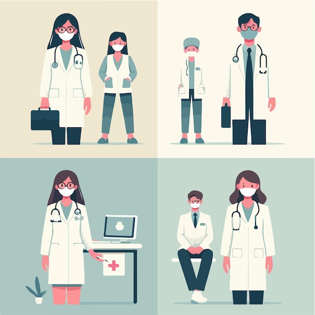 Conjunto vectorial de médicos de cuerpo completo con estilo de diseño plano