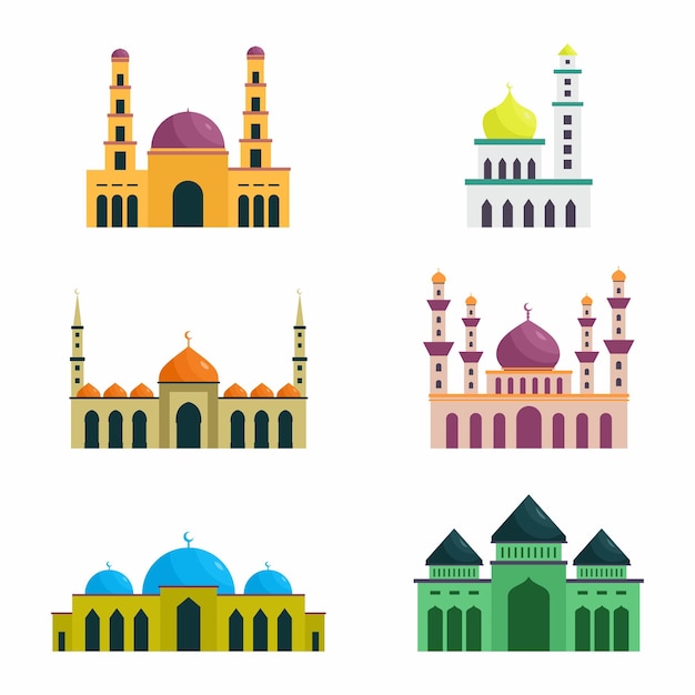 Conjunto vectorial de mezquita islámica Ramadan Kareem Happy Eid Mubarak Iconos dibujados a mano con elementos de diseño de colores planos Ilustraciones de estilo lineal moderno aisladas sobre fondo blanco