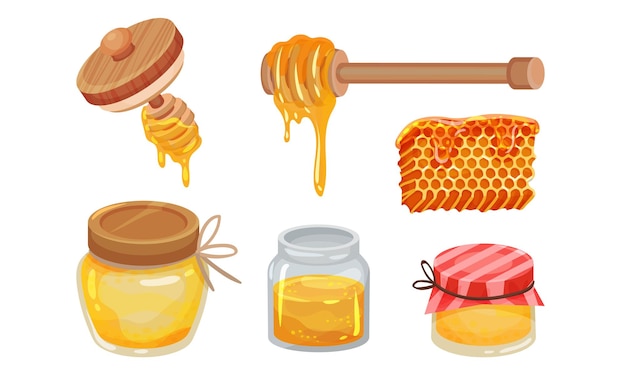 Conjunto vectorial de miel azucarada en frascos y peine de miel