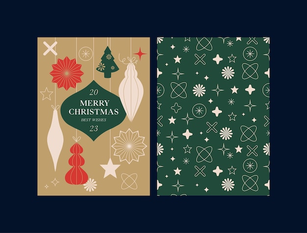 Conjunto vectorial de modernas tarjetas de felicitación navideñas con decoración navideña tradicional