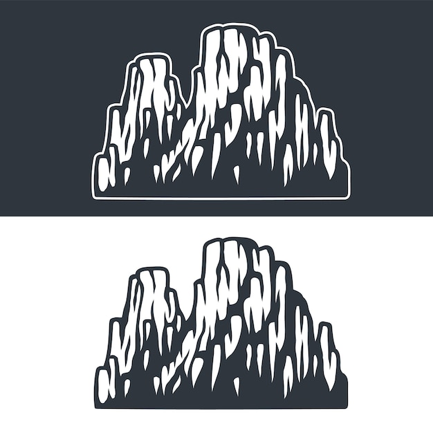 Conjunto vectorial monocromo de montañas y rocas sobre un fondo oscuro y claro