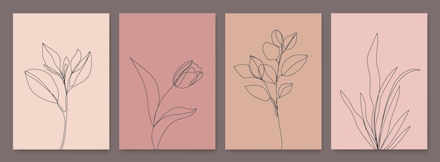 Conjunto vectorial de monoline dibujo flores hojas conjunto de impresión naturaleza una línea carteles botánicos arte estético contorno uso para decoración del hogar camiseta imprimir funda móvil