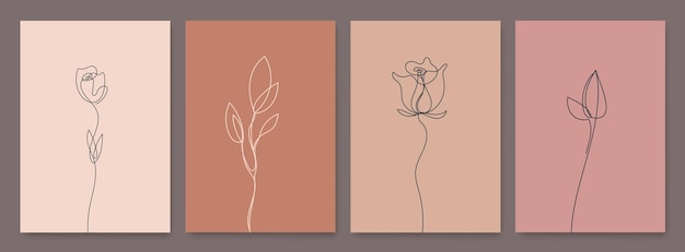 Conjunto vectorial de monoline dibujo flores hojas conjunto de impresión naturaleza una línea carteles botánicos arte estético contorno uso para decoración del hogar camiseta imprimir funda móvil